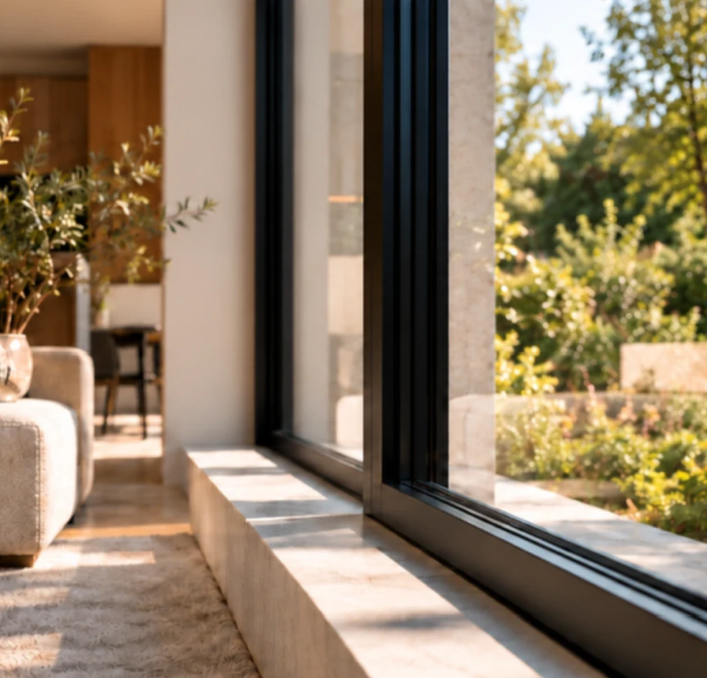 Zwart schuifraam met brede vensterbank en zicht op de tuin