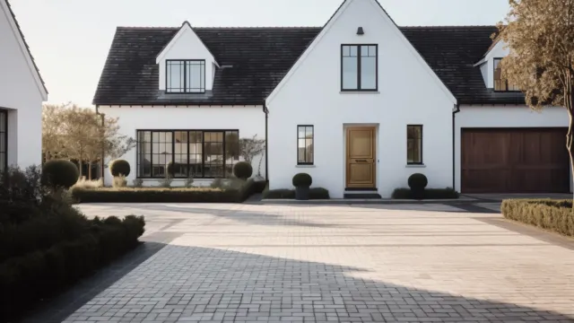 Witte woning met houten voordeur, zwarte ramen en garagepoort